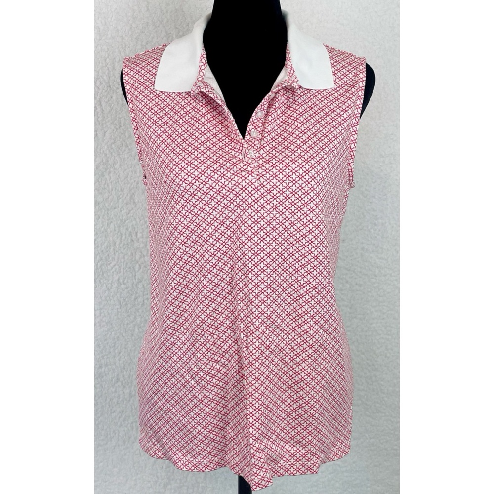 LANDS’ END • Red/White Geometric Print Sleeveless Collared Polo Top, M - Picture 2 of 16